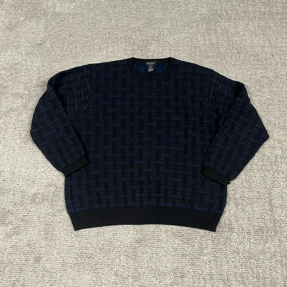 Mino Milano Sweater Mens XL Black Blue squared knit lightweight Wool Blend